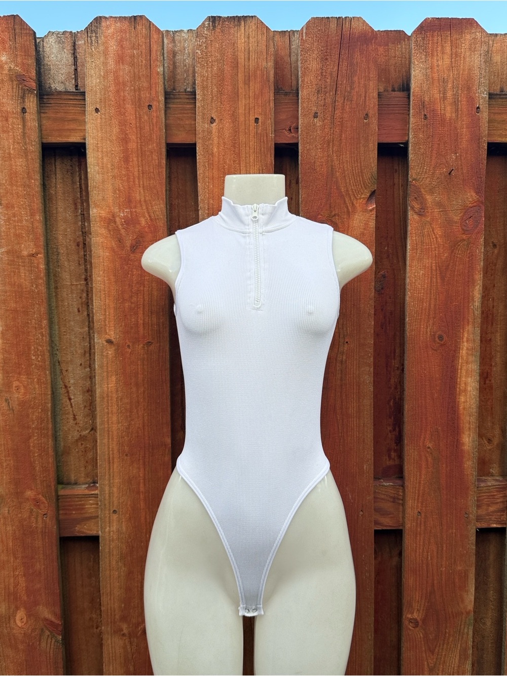 Fct with Love White Ribbed Mock Neck Half Zip Sleeveless Bodysuit Medium M